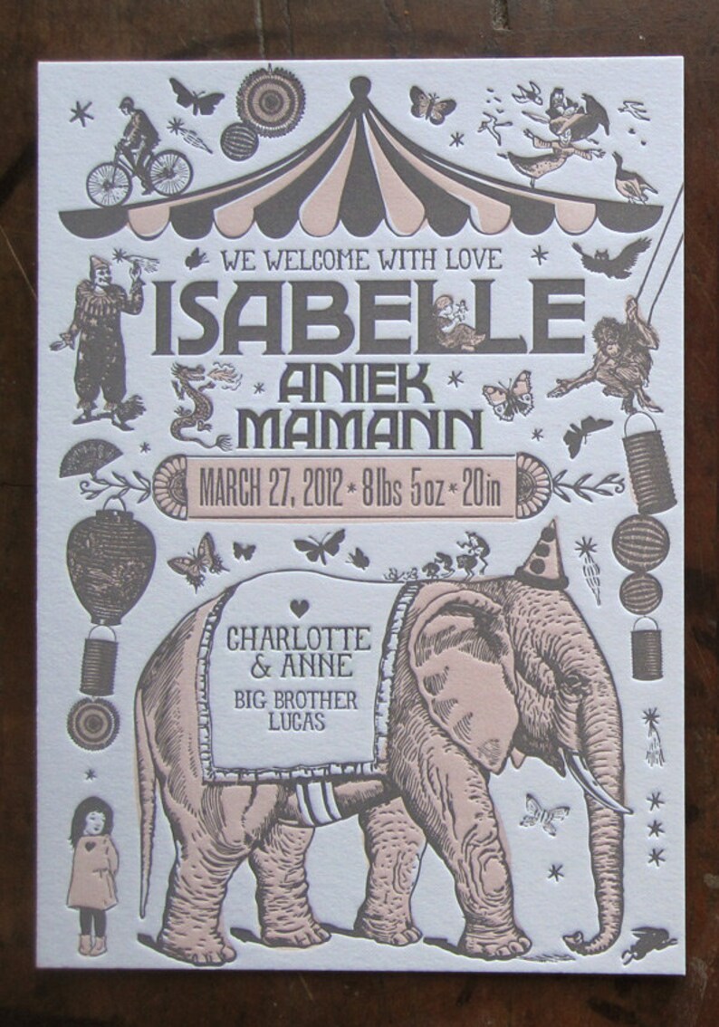 Vintage Circus Custom Letterpress Birth Announcement & Thank You Card Suite image 2