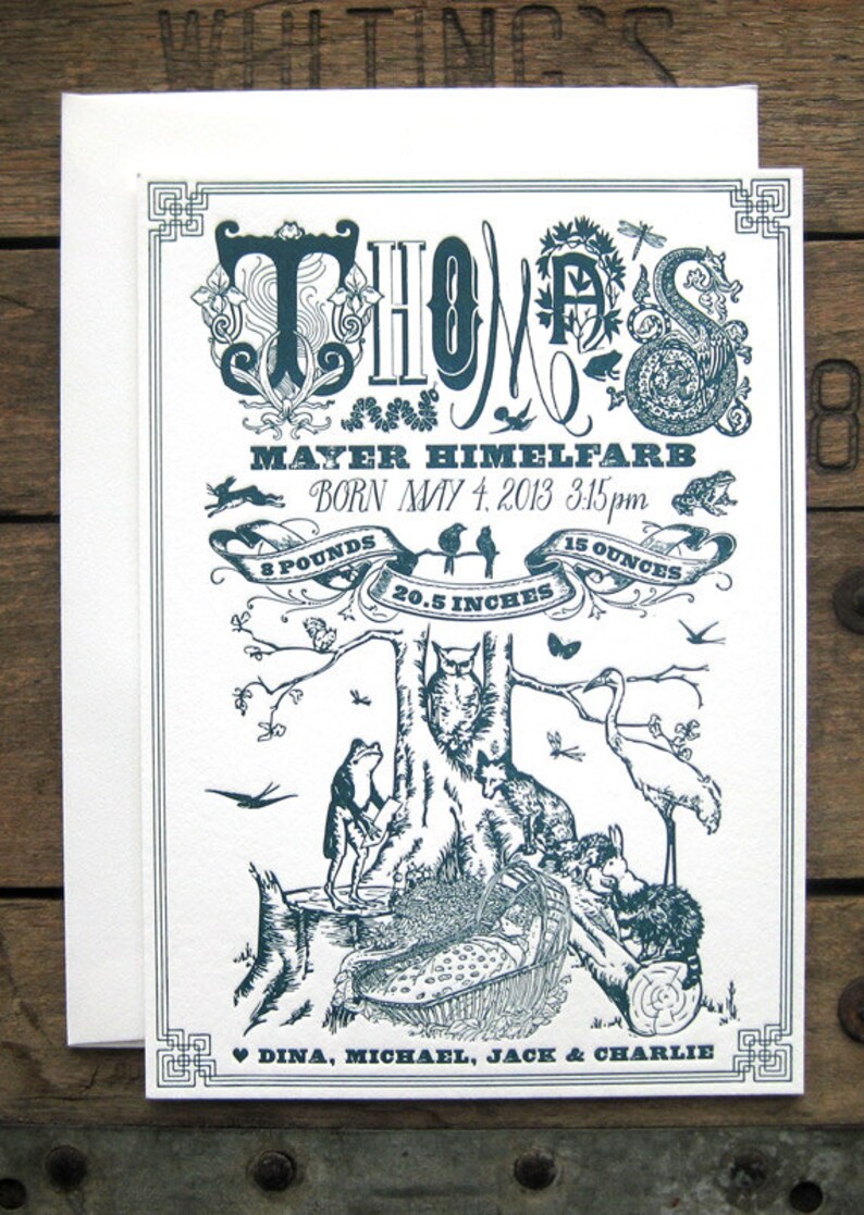 Forest Fauna Gathering Letterpress Birth Announcement /& Thank You Note Suite