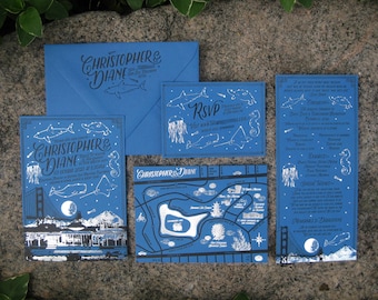 Maritime Moonlight Letterpress & Silver Foil Wedding Invitation Suite