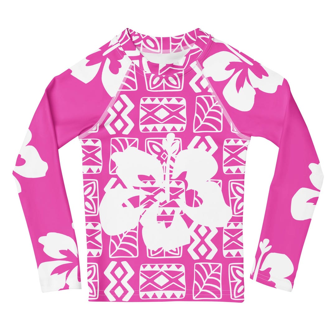 Kids Hawaiian Rash Guard – PINK Tapa With Hibiscus | UV Sun Protection ...