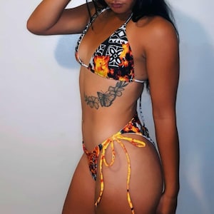 Black Tapa Red Flames String Bikini: Island Heat Swimwear