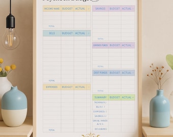 May include: A framed "Paycheck Budget" chart with sections for income, bills, expenses, and savings. The chart has a neutral color palette with pastel accents and decorative gold filigree at the bottom. The text is clear and easy to read.