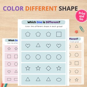 Könnte beinhalten: Ein ausdruckbares Lernarbeitsblatt mit dem Titel Which One is Different? das Reihen geometrischer Formen wie Fünfecke, Quadrate, Herzen, Dreiecke, Sechsecke, Kreise, Sterne, Rauten und Ovale zeigt, die Kinder identifizieren und ausmalen können.