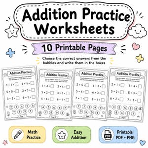 May include: A set of 10 printable addition practice worksheets featuring math problems with empty boxes for answers and bubbles containing numbers. The pages include simple addition equations, decorative stars, clouds, and hearts, with text labels for math practice.