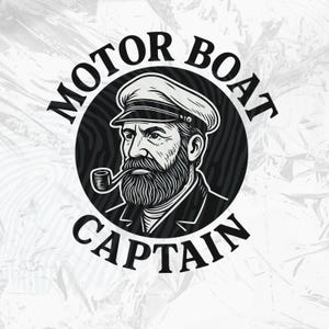 May include: Black and white illustration of a sea captain with a pipe, wearing a hat, and a full beard. The image is in a circular frame with the words "MOTOR BOAT CAPTAIN" around the edge.