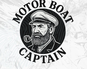 May include: Black and white illustration of a sea captain with a pipe, wearing a hat, and a full beard. The image is in a circular frame with the words "MOTOR BOAT CAPTAIN" around the edge.