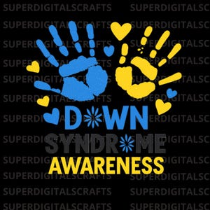 Op de afbeelding: Zwarte afbeelding met blauwe en gele handafdrukken, harten en de tekst "DOWN SYNDROME AWARENESS". Het ontwerp bevat de woorden "D*WN" en "SYNDR*ME" met een bloemsymbool. Digitaal ontwerp.
