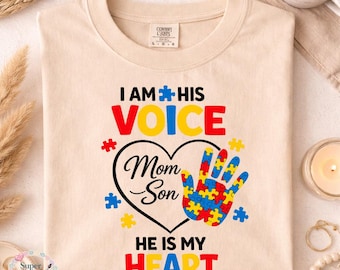 Imagem PNG de mãe e filho autistas, "Eu sou a voz dele" com design de coração (Download digital)