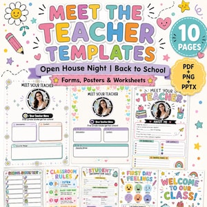May include: A digital collection of Meet the Teacher templates featuring colorful graphics, including flowers, hearts, and stars. The set includes 10 pages of forms, posters, and worksheets for Open House Night and Back to School, available in PDF, PNG, and PPTX formats.