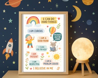 Póster de Afirmaciones para Niños: Arte mural con Mentalidad de Crecimiento Positivo (Descarga digital)