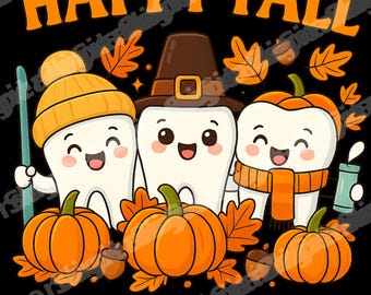 May include: A black graphic with the words "HAPPY FALL" in orange above three cartoon teeth. The teeth are dressed in fall attire, with pumpkins and leaves. The text "BRUSH THEM ALL" is below.