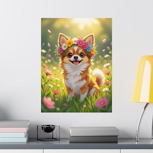 Chihuahua Poster, Colorful Boho Chic Wall Art, Matte Vertical Decor, Hand-Painted Illustration, Whimsical Dog Art Print, Floral Crown,