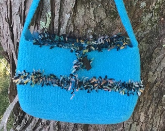 May include: A bright turquoise blue knitted shoulder bag with a black strap and a black and multi-coloured trim.