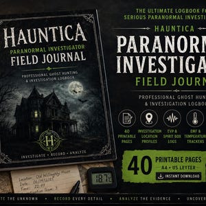 May include: A spiral-bound Hauntica Paranormal Investigator Field Journal with a dark cover featuring a haunted house illustration. The journal includes sections for investigation location profiles, EVP logs, EMF trackers, and evidence tracking on 40 pages.
