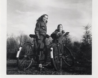 Vintage Photo - Sisters on a Country Road Bike Ride - 1950s Original Found Photo - Black & White Snapshot