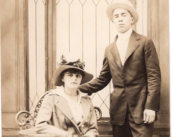 Antique RPPC Real Photo Postcard - Fashionable Young Couple - 1904-1918 - Womens Fashion - Fancy Hat - Man in Suit and Hat