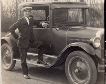 Vintage Photo - Dapper Man Proud of Vintage Car - 1920s-30s Original Found Photo - Black & White - Transportation