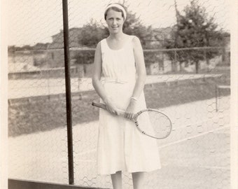 Vintage Photo - Pretty Woman Holding Tennis Raquet - 1920s Original Found Photo - Woman Tennis Player - Sports - Black & White - Snapshot