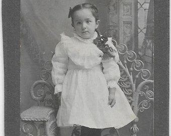 Vintage Antique Photograph - Darling Little Girl - Early 1900's - Mounted Photo - White Dress - Braided Hair - Rattan Chair - Small Photo