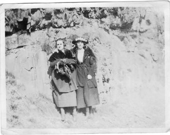 Vintage Photo - Stylish Women Posing by Mountain - 1910s-20s Original Photo - Fur Wraps - Hats - Fashion - Black & White - Snapshot