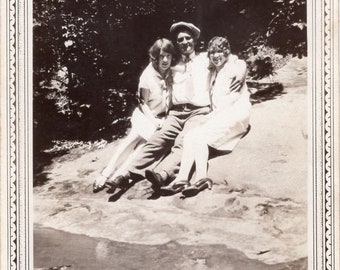 Vintage Photo - Flapper Women Dapper Man Sitting on Rock - 1920's Original Found Photo - Black & White Snapshot