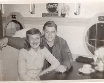 Vintage Photo - Sweethearts - Irene's Steak Shop - Sweethearts Cute Couple - 1940s Found Photo - Coca Cola Sign - Black & White Snapshot