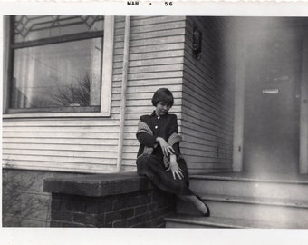 Vintage Photo - Young Girl Posing for Camera - 1950s Original Found Photo - Black & White Snapshot