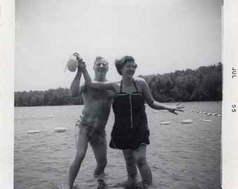 Vintage Photo - Couple Having Fun at the Lake - 1950s Original Found Photo - Black & White Snapshot