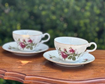 Juego vintage de 2 tazas de té y platillos: rosas rosas