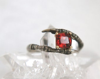 Red Spinel Bird Claw Ring in Oxidized Sterling Silver with 14k Yellow Gold Setting Nature cast Sparrow Handmade Taxidermy Jewelry Size 7