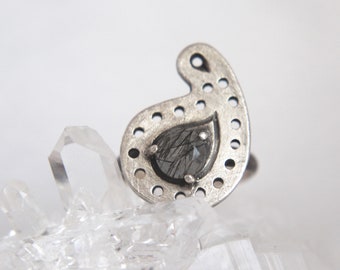 Tourmalinated Quartz Paisley Ring Sterling Silver Black Tourmaline in Quartz Paisley Dots Statement Ring Handmade Jewelry Size 5.5