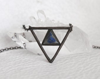 Oxidized Sterling Silver Triangle Necklace with LAPIS LAZULI Pyramid Handmade Jewelry