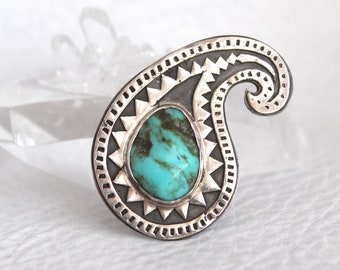 Turquoise Paisley Silver Ring Sterling Silver Natural Turquoise Paisley Zigzag Statement Ring Handmade Jewelry Size 6