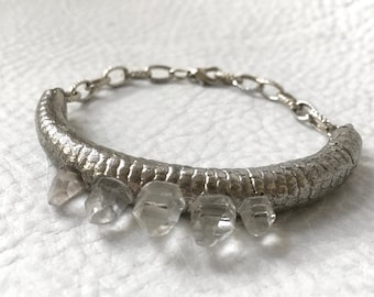 Quartz point spiked bracelet White Bronze Lizard Skin Natural Quartz Bracelet Taxidermy Jewelry Silver Handmade Bangle