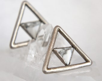 Sterling Silver Triangle Earrings with Howlite Pyramids Triangle Post Earrings White Marbled Stone Handmade Jewelry
