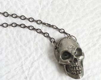 White Bronze skull necklace Silver toned skull pendant Skull Jewelry