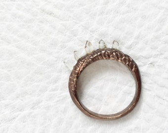 Oxidized Rose Gold Ring with Micro Quartz Crystal Points Sterling Silver base Lizard Snake Skin Texture Quartz Jewelry ooak