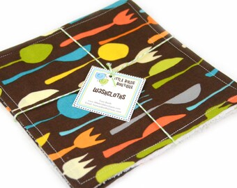 READY TO SHIP! Washcloth or Cloth Wipes Soft Terrycloth -Set of 2 in Metro Cafe Robert Kaufman Forks Spoons Knifes in Brown Orange Turquoise