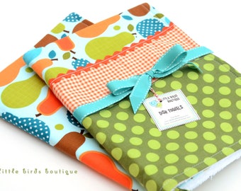 Kitchen Dish Tea Towels- Set of Two in Robert Kaufman Metro Market Pears in Orange, Green, Turquoise Blue by Ann Kelle