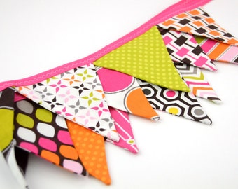 Fabric Bunting, Banner, Pennant, Flag, Photo Prop, Decoration Hot Chocolate, Pink, Lime Green, Brown, Chevron, Modern, Bright