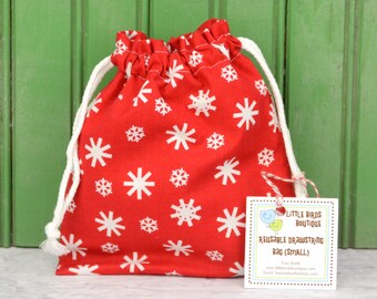 SMALL Reusable Drawstring Bag-for Toys, Gifts, Crafting or Storage in Red Christmas Snowflake, Holiday