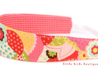 Reversible Fabric Headband- Children Toddler in Sophie by Chez Moi for Moda Overlay Pink Sorbet and Houndstooth