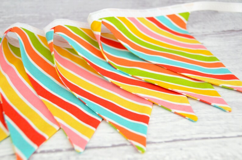 READY to SHIP Reusable Fabric Bunting, Banner, Pennant, Flag, Photo Prop, Decoration, Rainbow, Stripe, Hello Sunshine, Pink, Yellow, Blue image 2