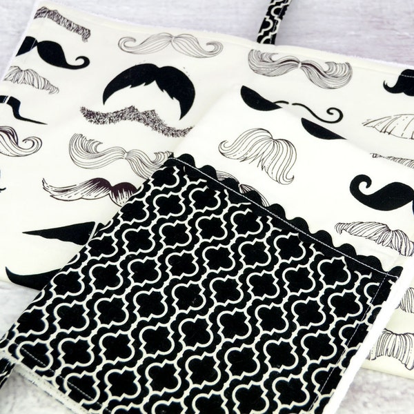 Kitchen Dish Tea Towels- Set of Two in Cream Black Tile Mustache Where's My Stache