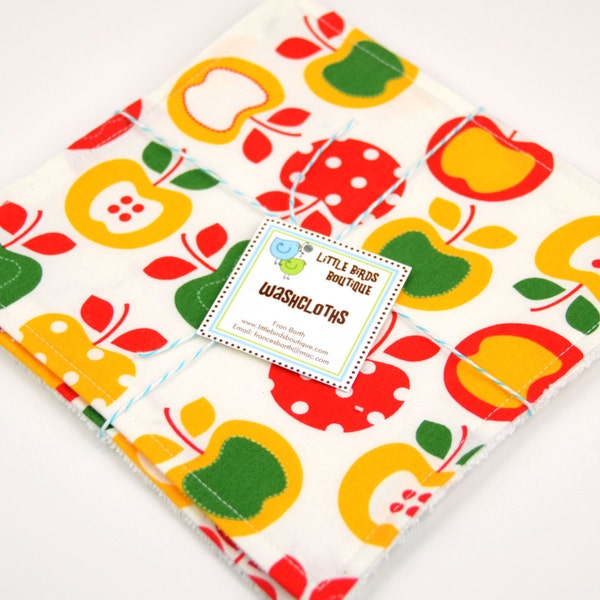 Eco Friendly Washcloth or Cloth Wipes with Soft Terrycloth -Set of 2 in Ann Kelle Robert Kaufman Metro Market, Apples in White