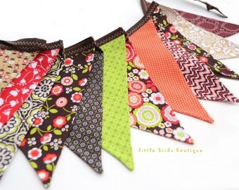 READY to SHIP! Reusable Fabric Bunting, Banner, Pennant, Flag, Garland, Photo Prop, Decoration in Anthropology Bonjour in Red Brown Green