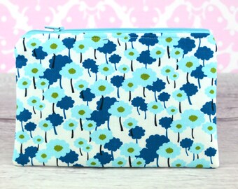 Zipper Pouch, Coin Purse, Card Case, Clutch in Light Dark Blue Poppies in Aqua Pick a Bunch