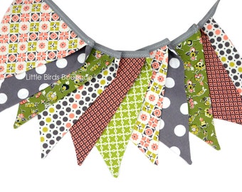 READY to SHIP! Fabric Bunting, Banner, Pennant, Flag, Photo Prop, Decoration, Coral Green Grey by Denyse Schmidt