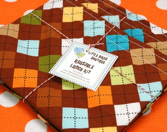 Reusable Sandwich and Snack Sack Kit in Remix Argyle Browns Oranges