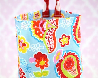 Fabric Plastic Bag Holder -Rainbow Paisley Red Pink Green Yellow on Blue